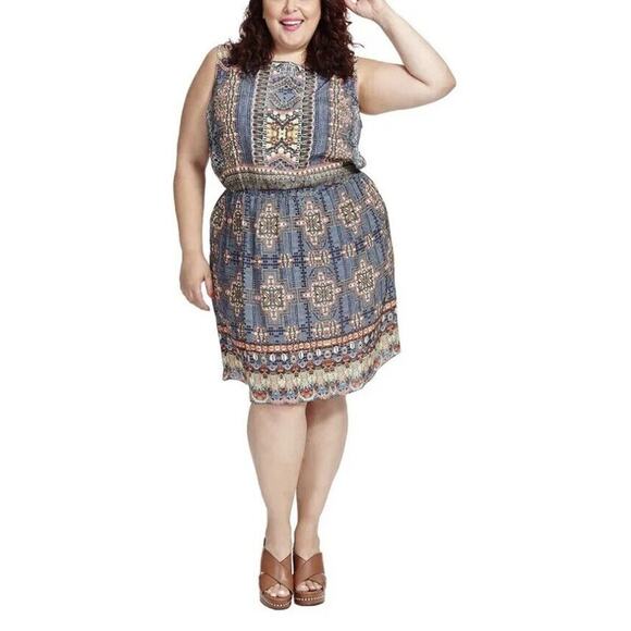 Hemant & Nandita Blouson Dress Plus Size 2X Multicolor Ikat Print Boho Smocked - Picture 1 of 15